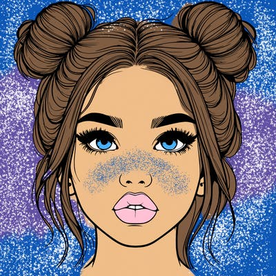 realistic girl with two buns on her hair and lips