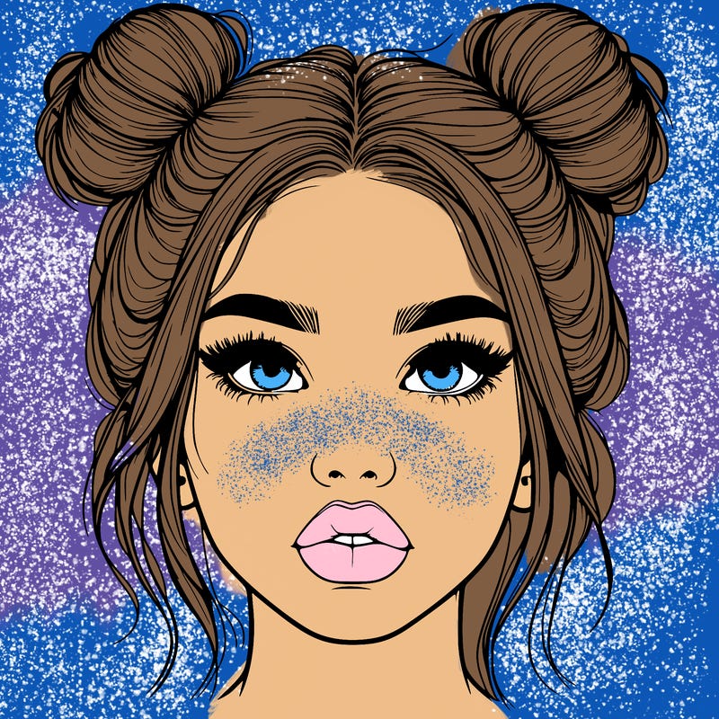 realistic girl with two buns on her hair and lips