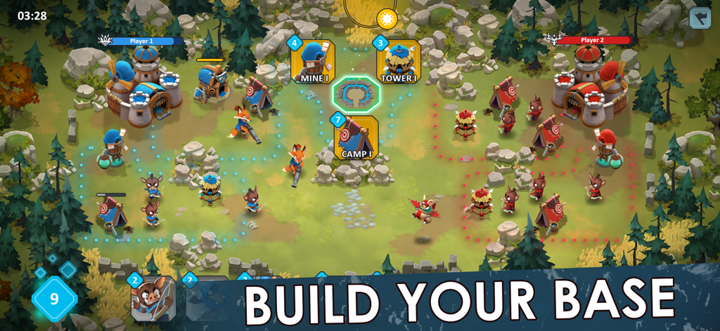 A real-time strategy game scene in Wild Forest where two players build bases and deploy animal units for battle.