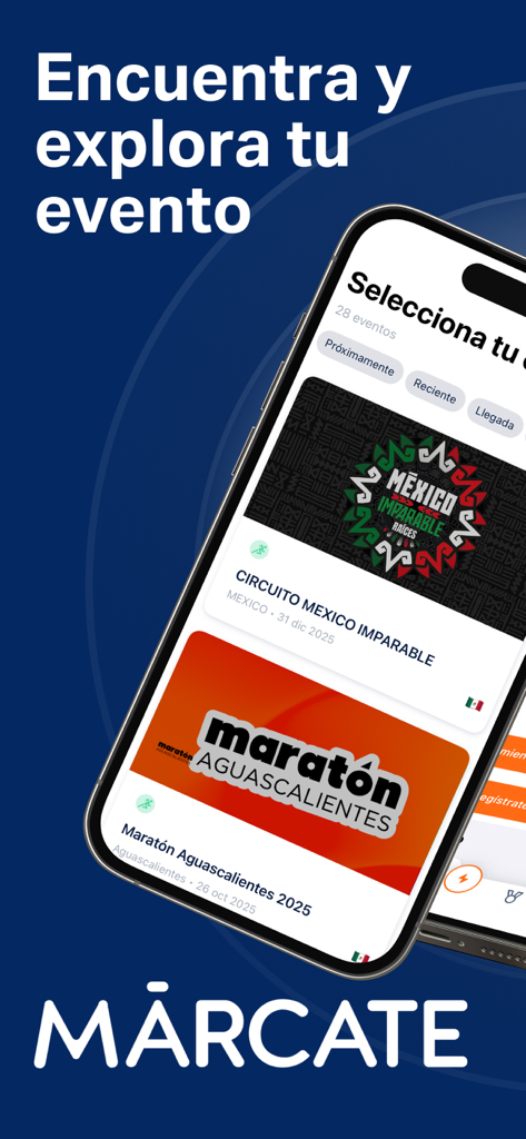 Marcate - Mobile interface of the Marcate app showing a searchable list of running events and marathons in Mexico.