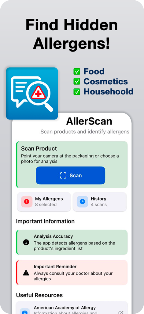 Allergen Test AI - AllerScan - Interfaz de la aplicación AllerScan para identificar alérgenos ocultos en alimentos, cosméticos y productos para el hogar