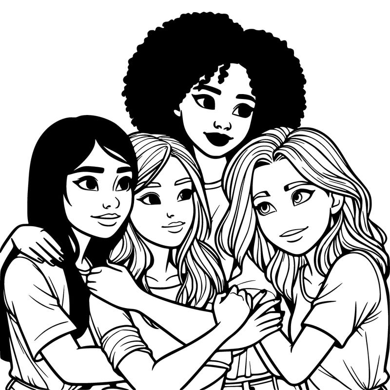 four girl friends looking out in the distance hugging each other realistic