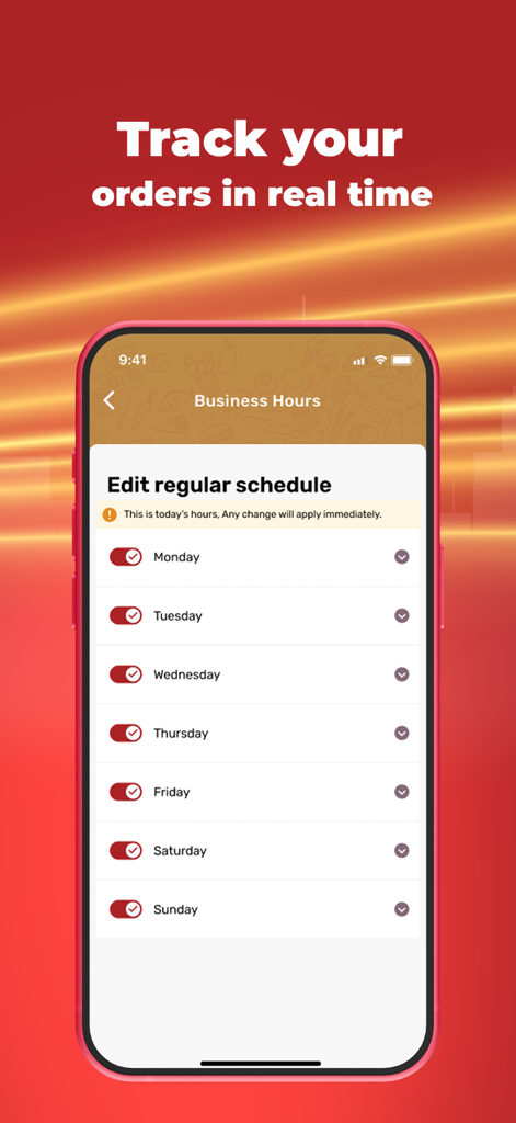 Red Ant Merchant - Interface of Red Ant Merchant app showing the business hours management screen with daily toggle switches