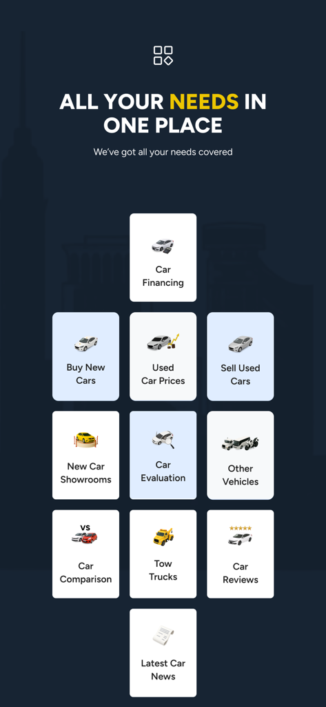 Hatla2ee 앱 메뉴에 자동차 금융, 구매, 판매 및 평가를 포함한 다양한 자동차 서비스가 표시됨