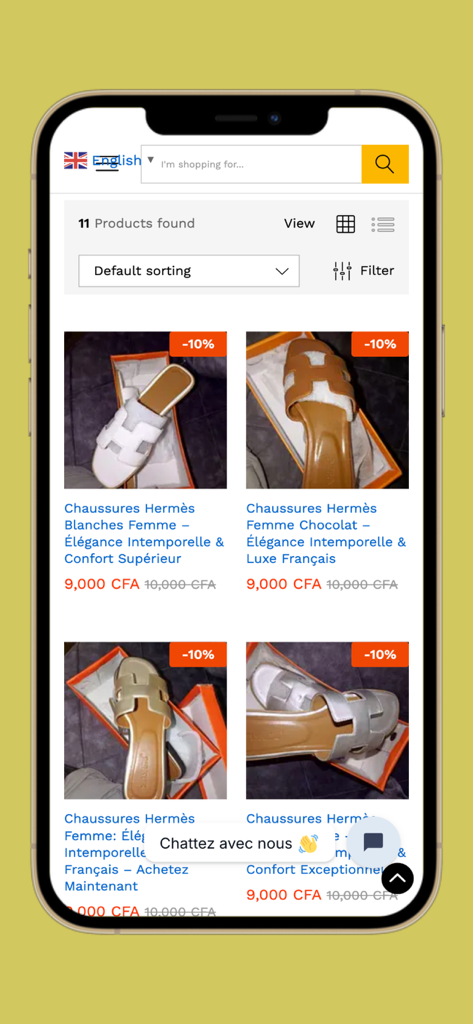 Msugu Shopping - Mobile interface of Msugu Shopping app displaying sandals for sale in West African CFA currency