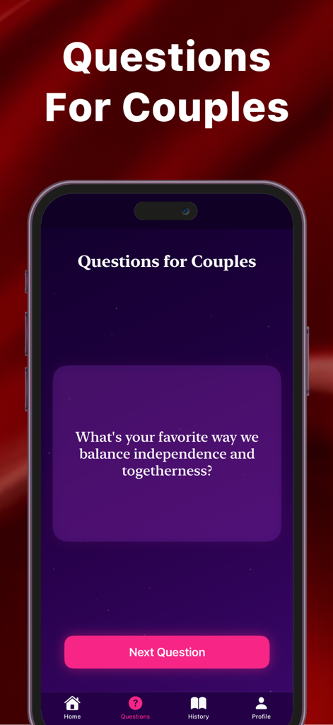 Un smartphone mostrando la aplicación Asesoramiento de Relaciones Amor IA con una indicación de conversación profunda para parejas sobre un fondo púrpura celestial.