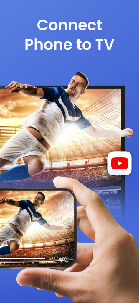 Screen Mirroring・Smart TV Cast - A person using an iPhone to wirelessly mirror a soccer match onto a large smart TV