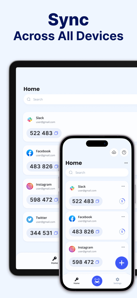 Authenticator App - 2FA - App de Autenticación mostrando códigos de seguridad 2FA sincronizados en pantallas de iPhone y iPad
