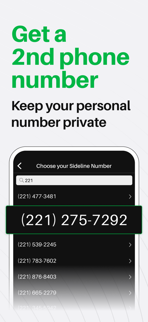 Sideline - Private 2nd Line - Selecting a private second phone number with a local area code in the Sideline app.