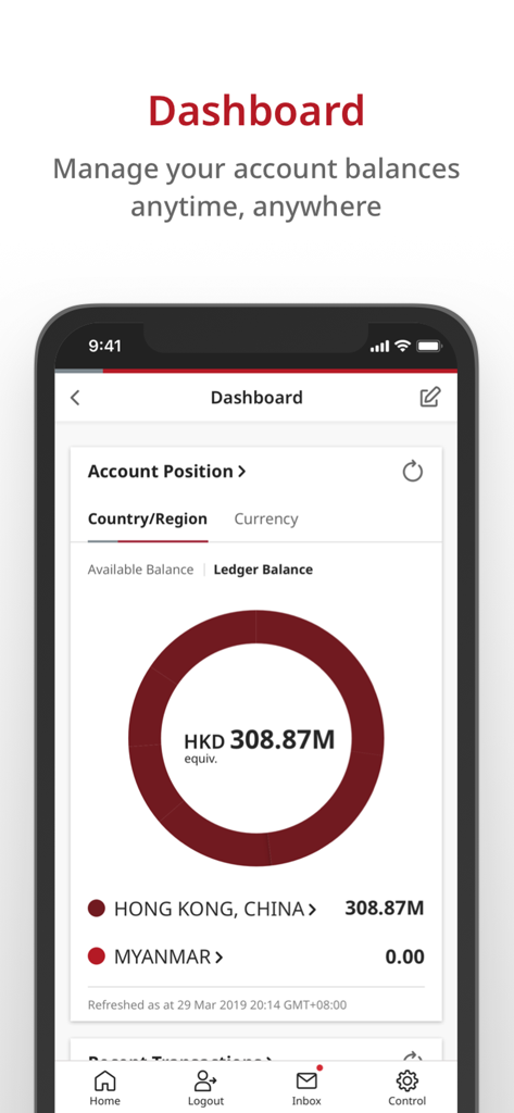 Dashboard der BOCHK iGTB MOBILE App mit Firmen konten salden und regionalen Positionen.