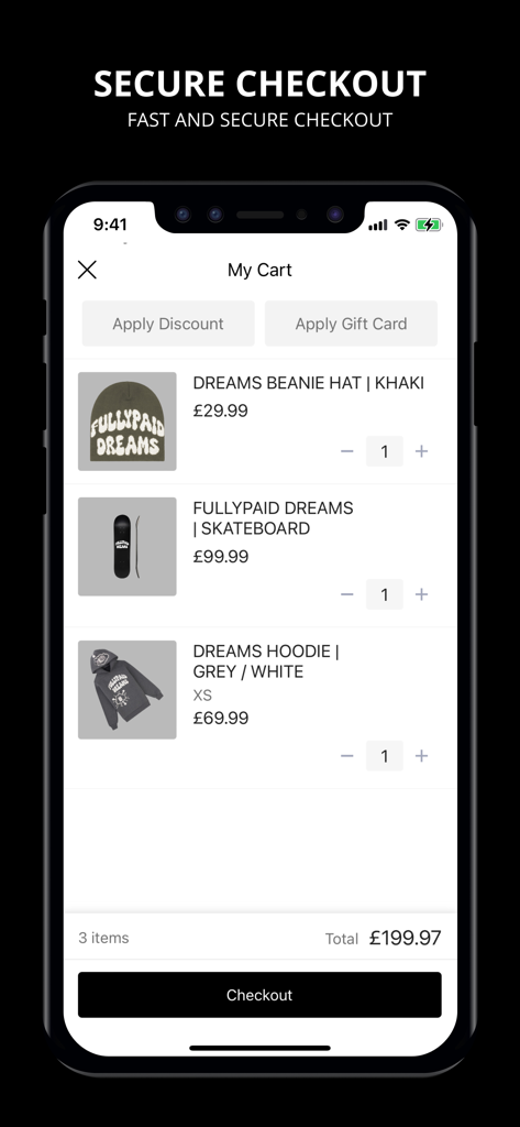 FULLYPAID CLOTHING - A mobile phone screen showing the shopping cart in the FULLYPAID CLOTHING app with a beanie hat, skateboard, and hoodie ready for secure checkout.