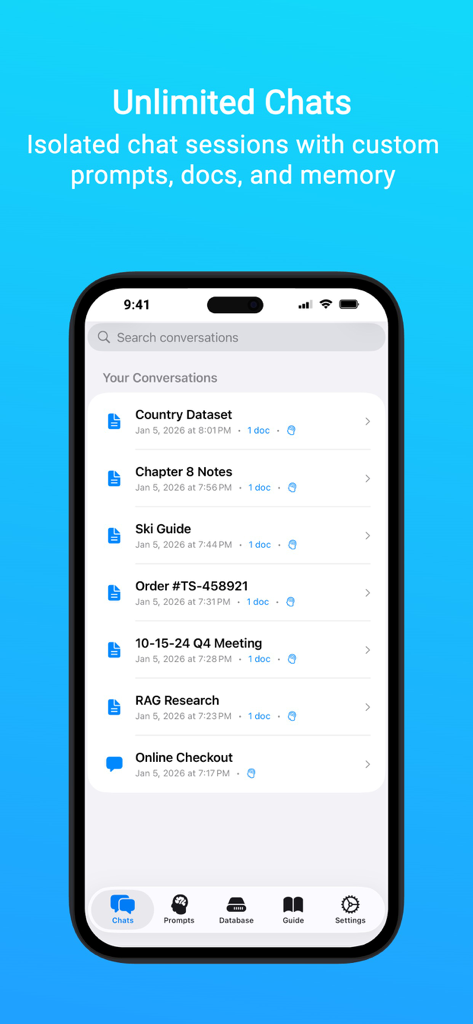 Private AI: Document Chat - Screenshot of the Private AI app displaying a list of unlimited isolated chat sessions with documents