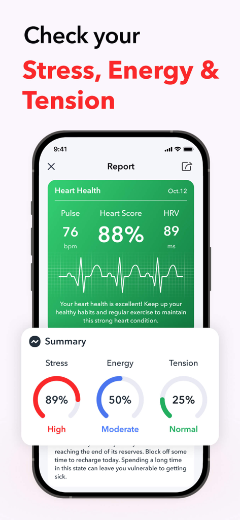 iCardio - Heart Rate Tracker - Relatório de saúde cardíaca mostrando métricas de estresse e energia no aplicativo iCardio