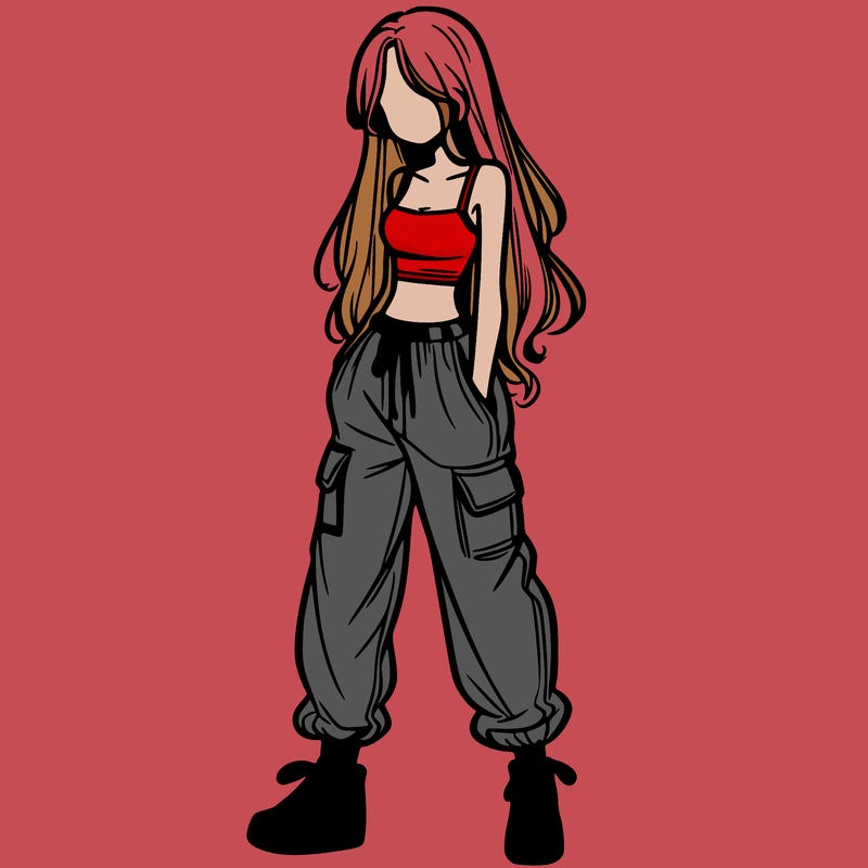 girl in baggy pants crop top and long hair