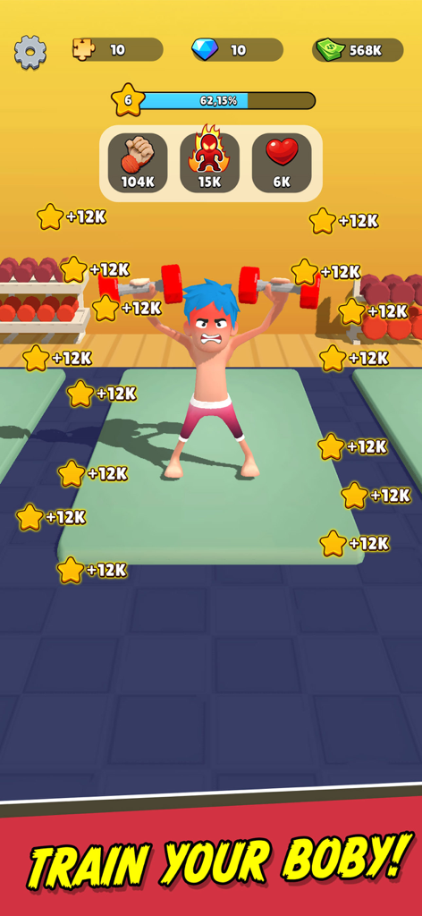 Un personaje levantando pesas en un gimnasio para aumentar estadísticas en Gym Super Click Hero