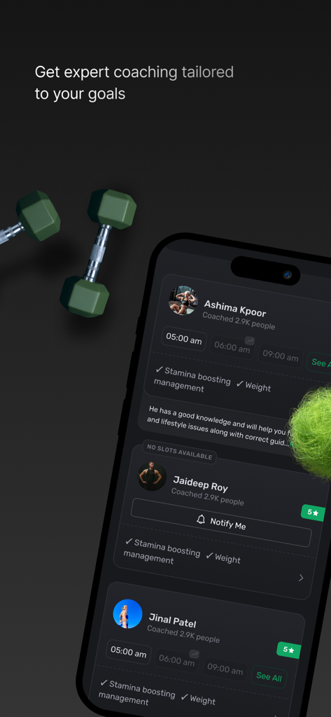 Interface of FITTR app showing a list of expert fitness coaches with their specialties and available time slots