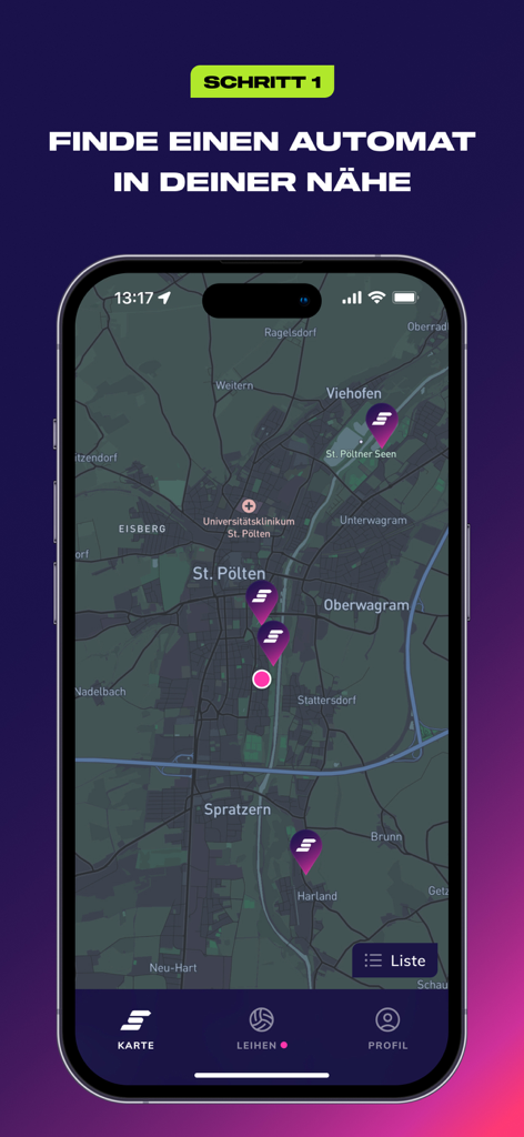 Sportogo app interface showing a map to locate nearby sports equipment rental stations