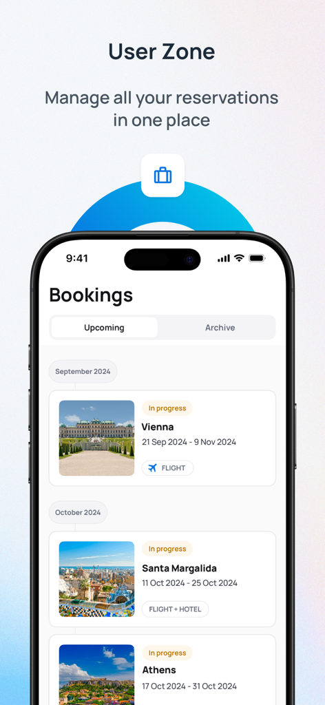 Interfaz de la Zona de Usuario de la aplicación eSky que muestra las próximas reservas de vuelos y hoteles para la gestión de viajes