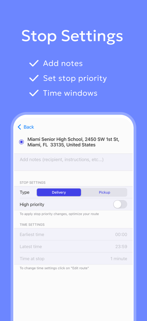 Oberfläche des Optiway Multi-Stop-Planers, die die Stopp-Einstellungen einschließlich Priorität und Zeitfenster anzeigt