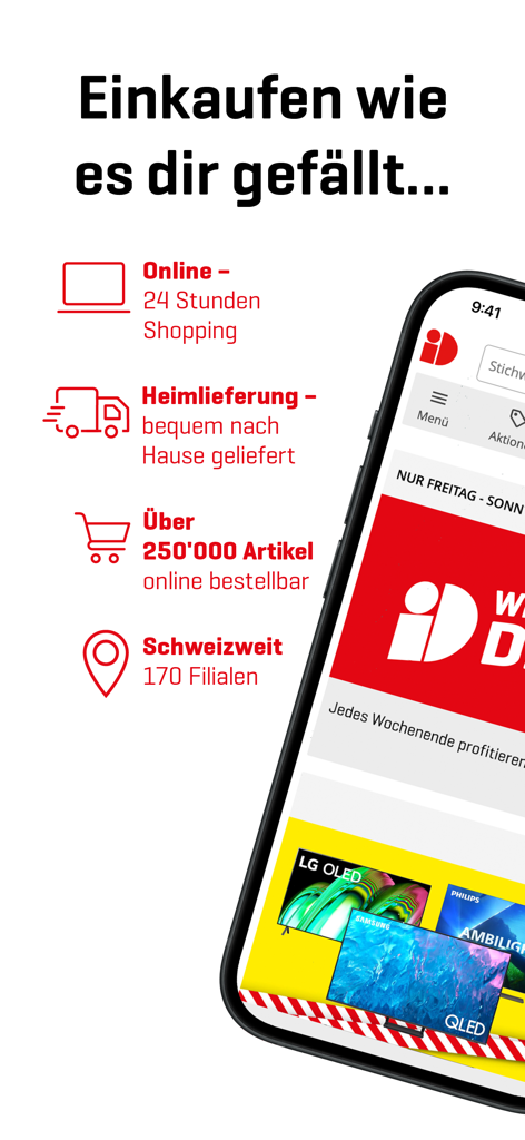 Interfaccia dell'app mobile Interdiscount che evidenzia lo shopping online 24 ore su 24, consegne a domicilio di oltre 250.000 articoli e 170 sedi in tutta la Svizzera.
