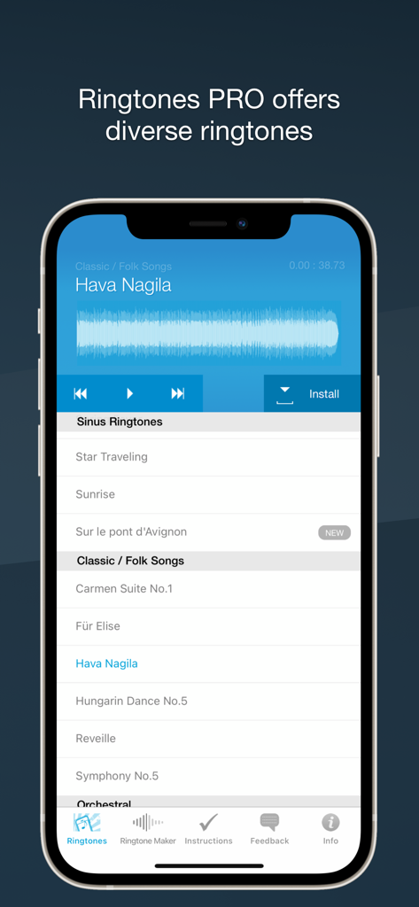 Ringtones for iPhone: Ring App - Interface de l'application Sonneries pour iPhone montrant une bibliothèque de musique classique et une forme d'onde de sonnerie