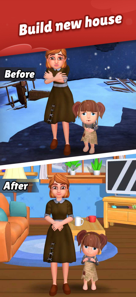 Home Pin 3: Homeless Adventure - Before and after comparison of a cold abandoned area transformed into a warm cozy living room in Home Pin 3