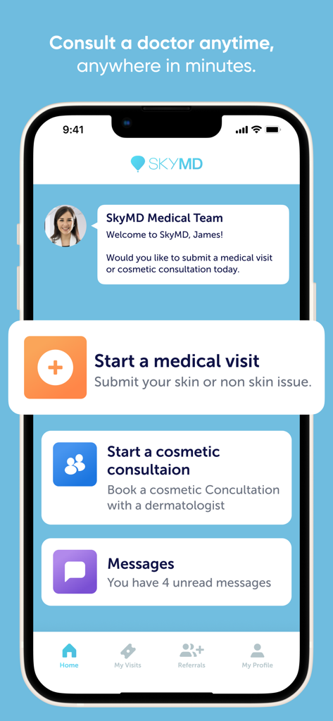 SkyMD 24/7 Telehealth - SkyMD 모바일 앱 인터페이스, 의료 진료 또는 미용 상담 시작 옵션 표시