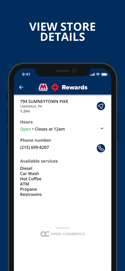 Marathon ARCO Rewards - Smartphone screen displaying Marathon ARCO Rewards store details including location hours and available services like car wash and diesel