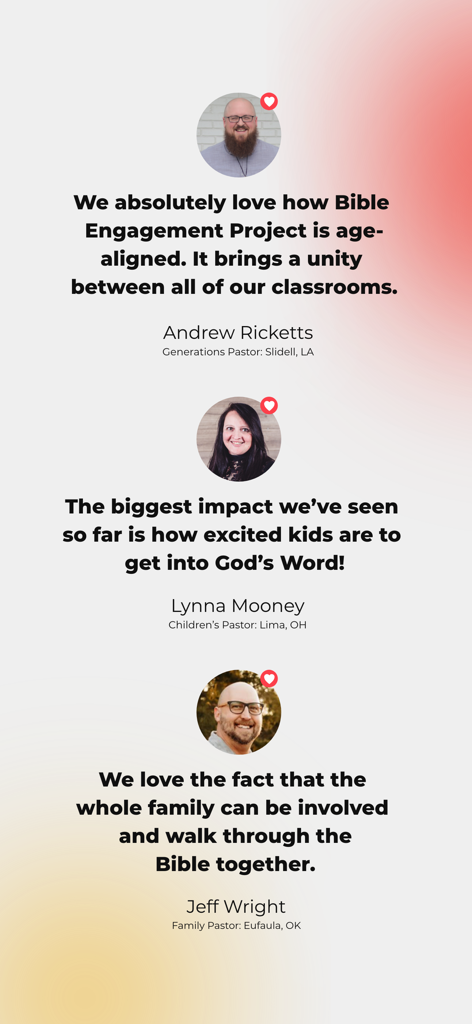 Testimonials from church pastors about the Bible Engagement Project app and curriculum