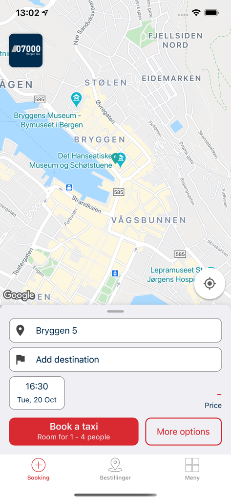 07000 Taxi - Interfaccia dell'app 07000 Taxi che mostra una mappa di Bergen e un menu di prenotazione con indirizzo di ritiro e pulsante di prenotazione.