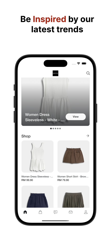 HI STYLE - Mobile screen showing the HI STYLE app home page with women's dresses and skirts under the latest trends section.