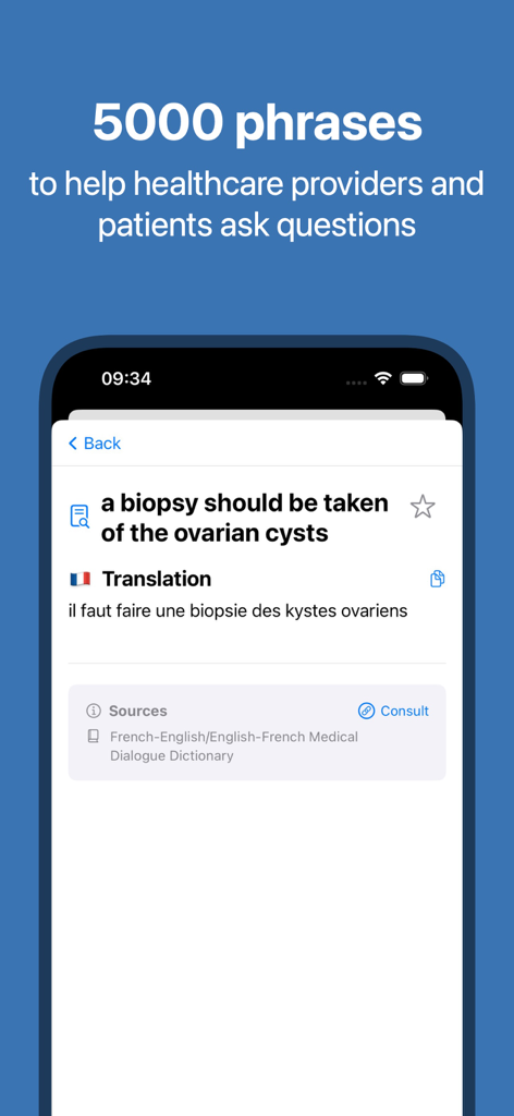 Traducción de frases médicas del inglés al francés para proveedores de atención médica y pacientes