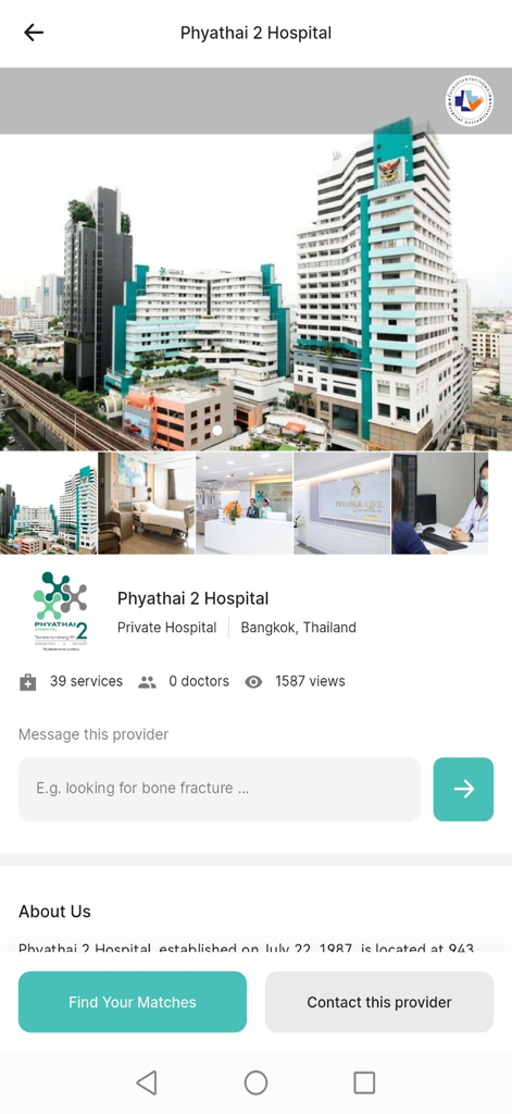 ArokaGO - The ArokaGO app interface showing the profile of Phyathai 2 Hospital in Bangkok with photos of the building and facilities.