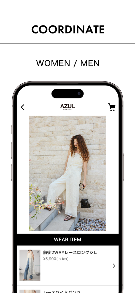 AZUL BY MOUSSY公式アプリ - AZUL BY MOUSSY mobile app showing a fashion coordinate for women with shoppable clothing items