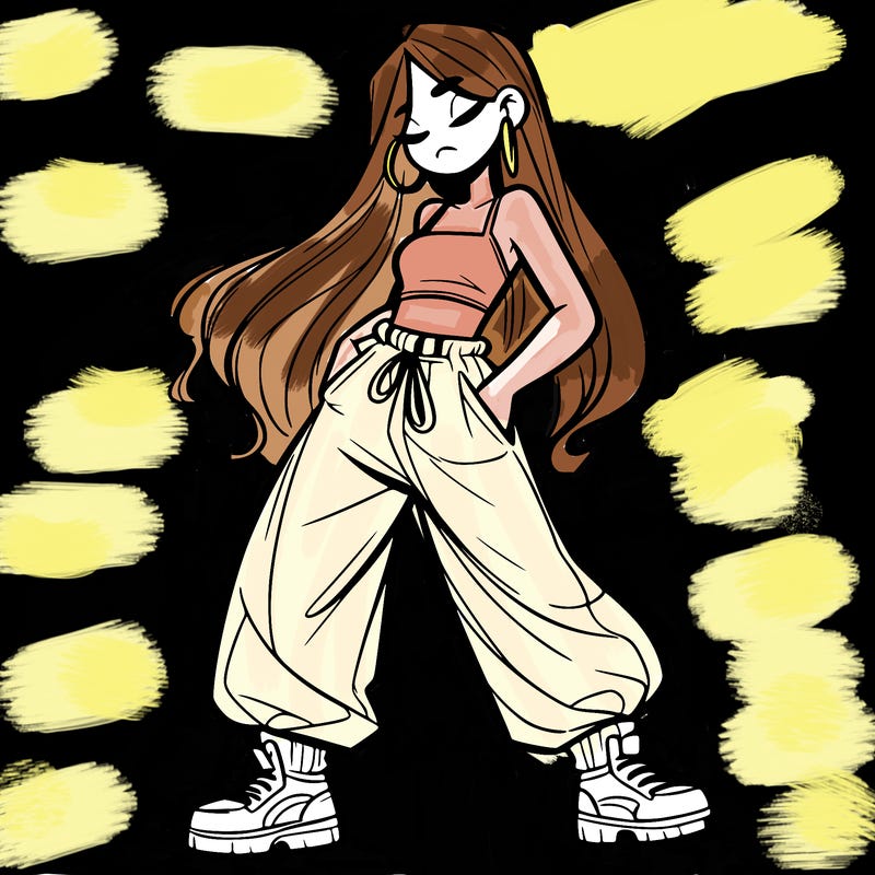 girl in baggy pants crop top and long hair