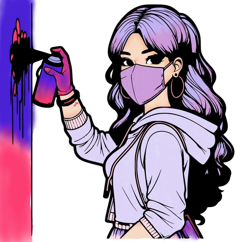 realistic girl with mask spray painting a wall