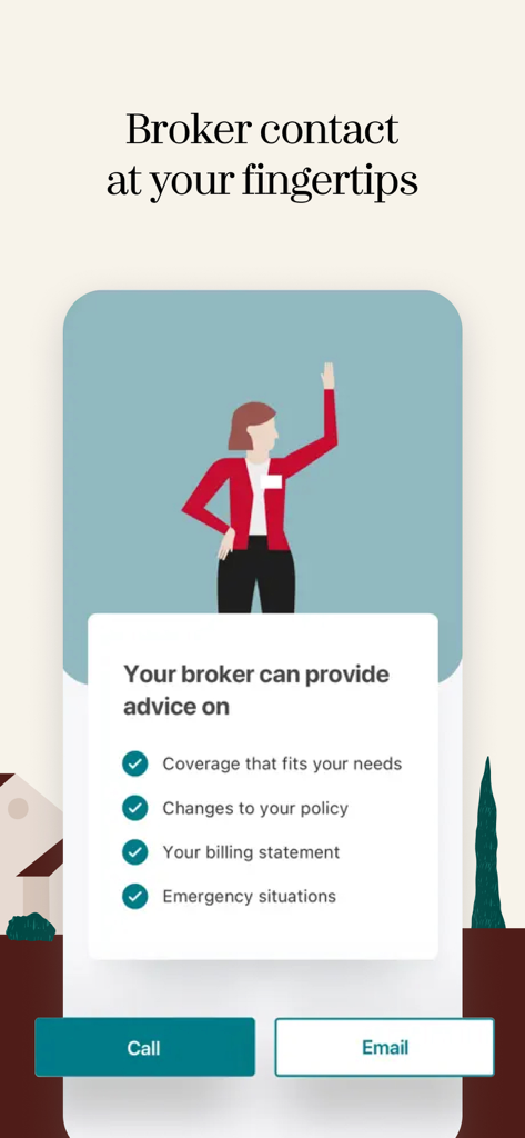 Intact Insurance: Mobile app - Intact Insuranceアプリのブローカー連絡先画面。通話とメールのオプションがあります。