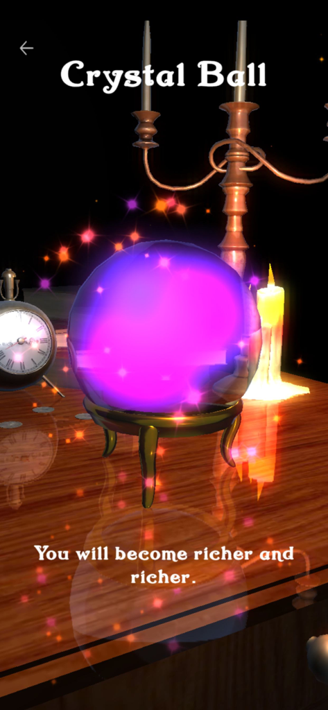 Magic Crystal Ball: Divination - Balle de cristal magique 3D violette sur une table mystique prédisant la richesse
