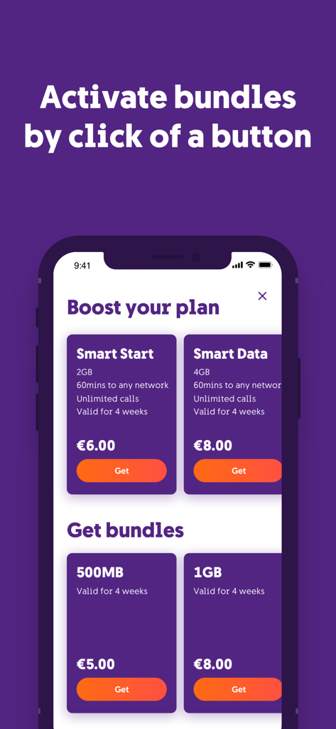 A screenshot of the GO app for iPhone showing mobile data and call bundle options like Smart Start and Smart Data for plan boosting.