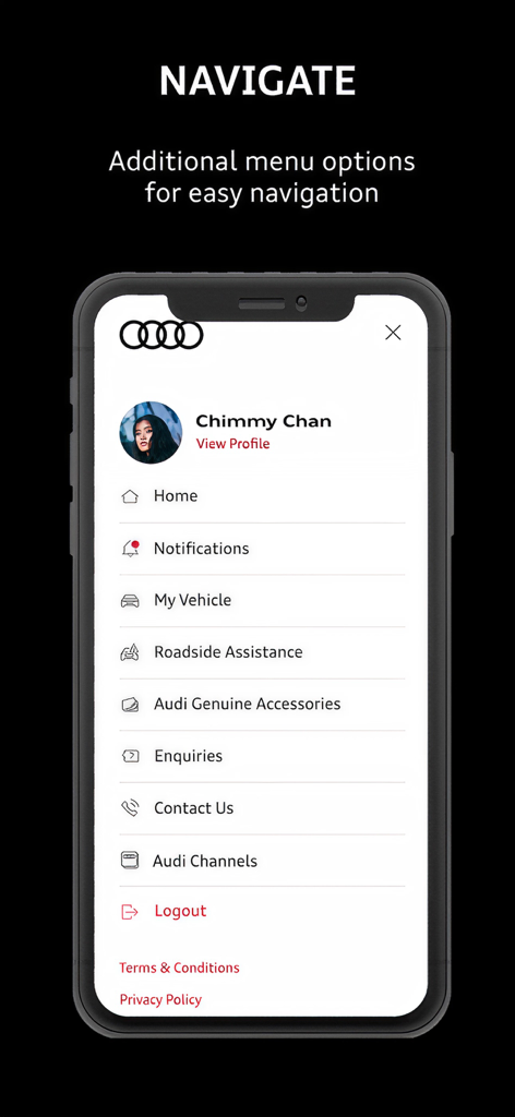 Menú de navegación de la aplicación Audi Service SG con perfil de usuario y opciones de servicio como asistencia en carretera y estado del vehículo