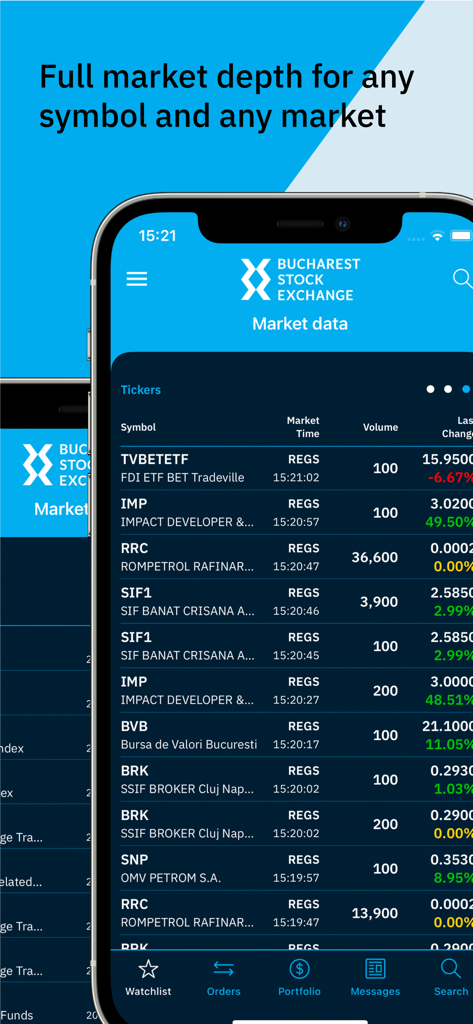 Interface mobile de l'application BVB Trading affichant les tickers boursiers en temps réel et les données du marché de la Bourse de Bucarest.