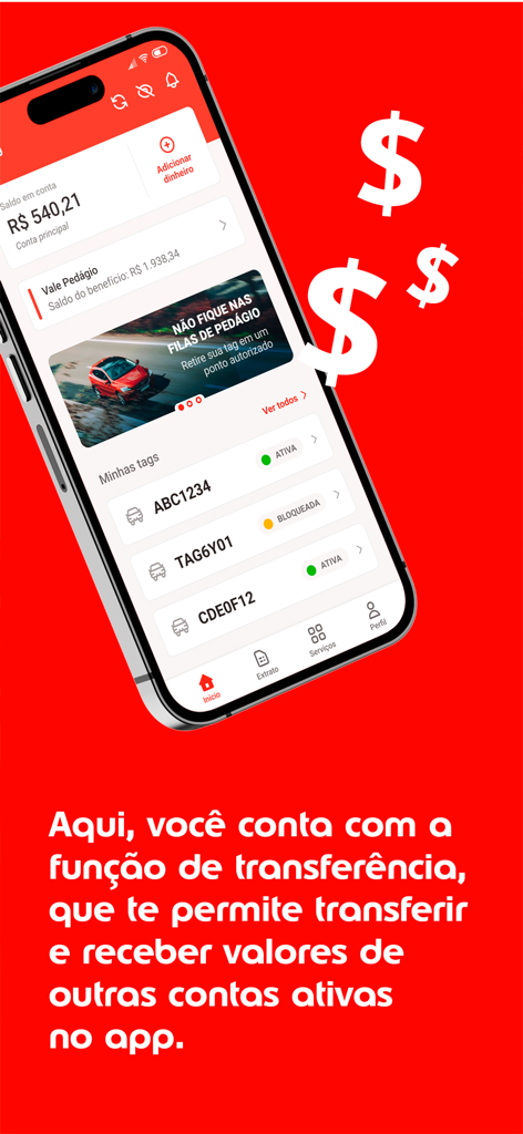 TAG Edenred - Painel do aplicativo móvel TAG Edenred mostrando saldo da conta e status da tag do veículo.