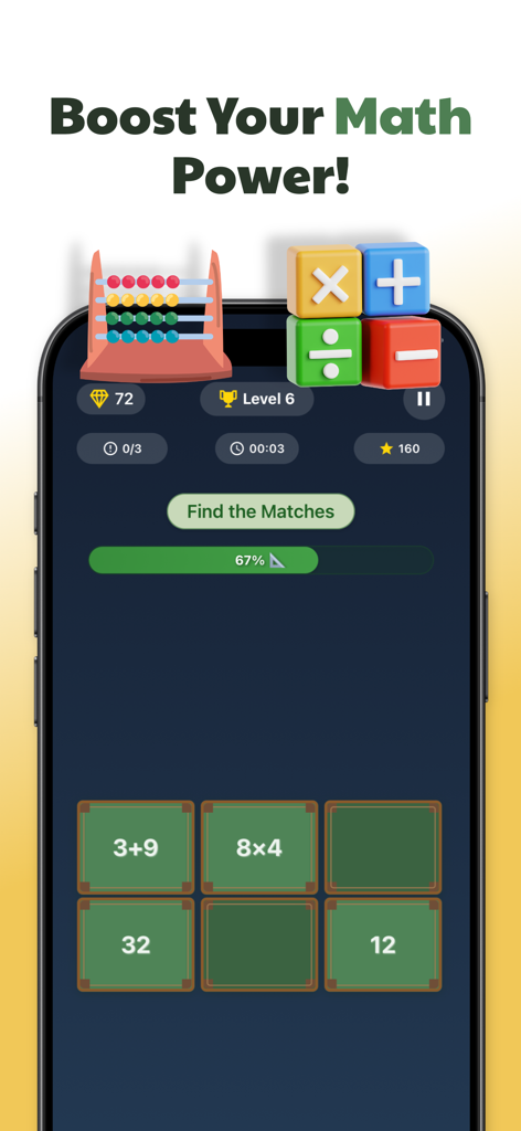 Mind Master: Brain Tests - Pantalla de la aplicación de entrenamiento cerebral Mind Master que presenta un juego de emparejamiento de matemáticas para mejorar el cálculo mental