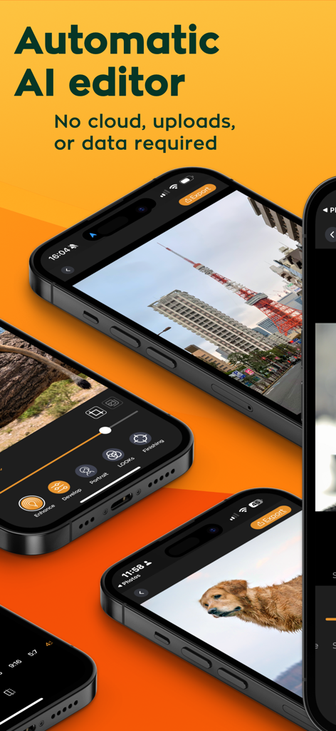 Radiant: AI Photo&Video Editor - Radiant AI photo and video editor app interface on multiple iPhones showing offline processing features.