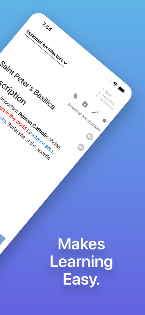 Flash Cards - Flashcards Maker - Tela do iPhone mostrando um flashcard de arquitetura com estatísticas de aprendizado e ferramentas de estudo
