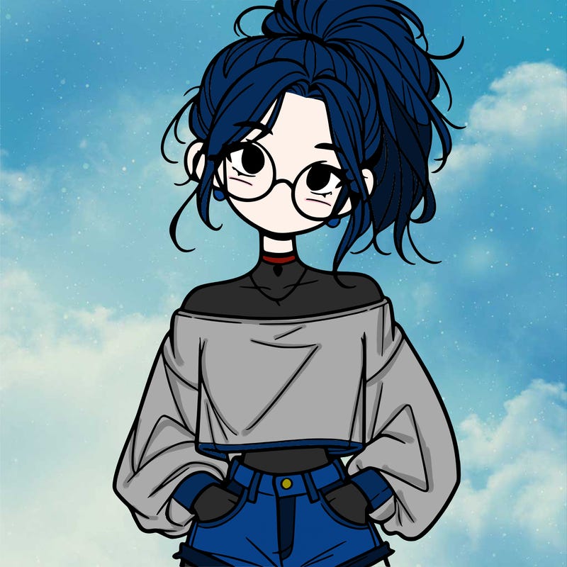 girl with a messy ponytail glasses a baggy crop top and jean shorts