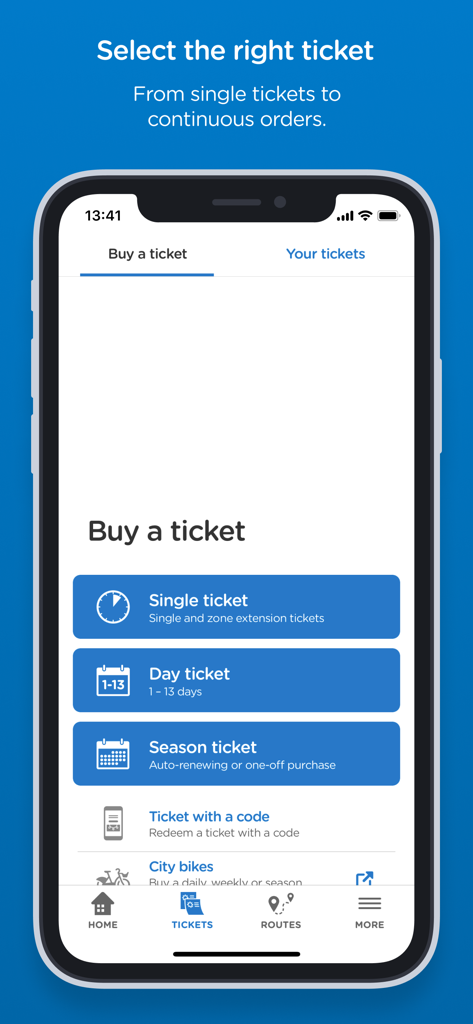 HSL mobile app interface displaying ticket options including single, day, and season tickets for Helsinki public transport.