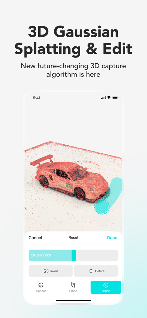 Editing a 3D model of a red car using 3D Gaussian Splatting in the KIRI Engine app