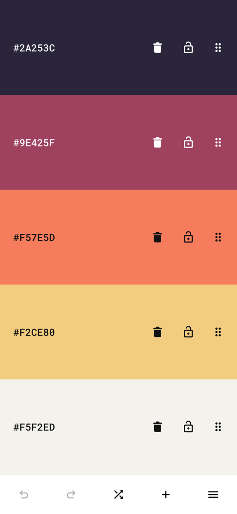 Mobile screen showing a five-color palette with HEX codes in the Pigments app.
