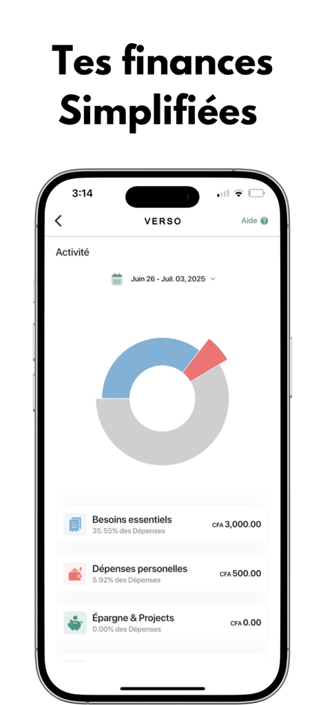 Verso App - Verso App mobile screen displaying a budget overview with a donut chart and categorized expenses like essential needs and personal spending